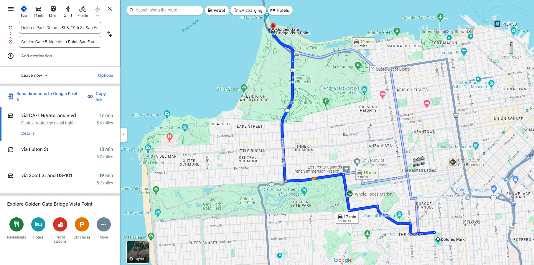 Giao diện Google Maps hiển thị lộ trình được lên kế hoạch từ điểm A đến điểm B, minh họa khả năng chỉ đường chính xác và linh hoạt của ứng dụng cho các chuyến đi.