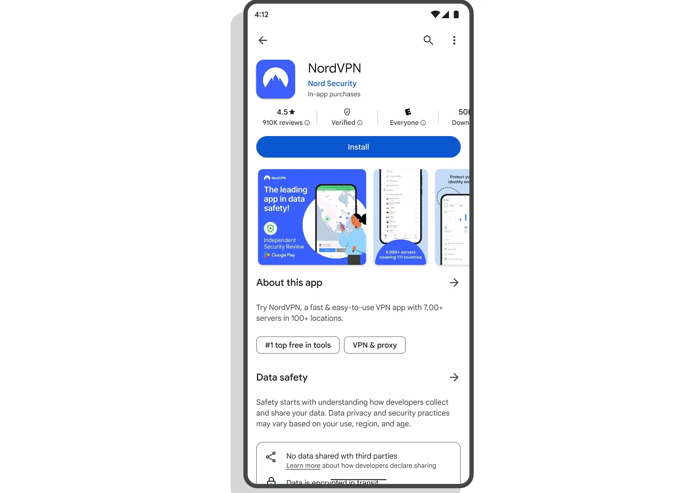 Giao diện Google Play Store hiển thị huy hiệu Đã xác minh trên trang thông tin ứng dụng VPN