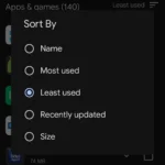 Giao diện Google Play Store hiển thị tùy chọn lọc ứng dụng theo mức độ sử dụng ít nhất trên điện thoại Samsung.
