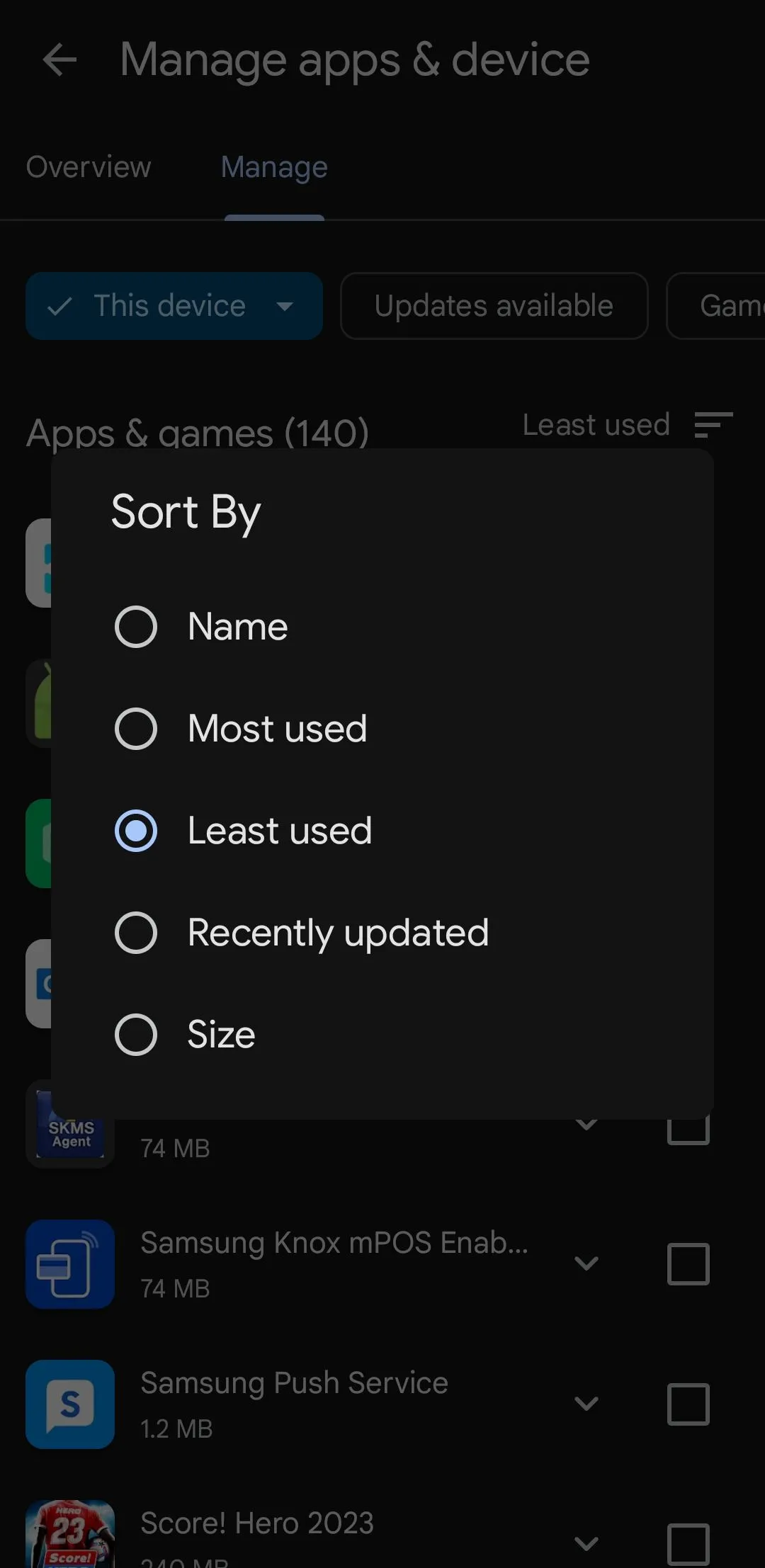 Giao diện Google Play Store hiển thị tùy chọn lọc ứng dụng theo mức độ sử dụng ít nhất trên điện thoại Samsung.
