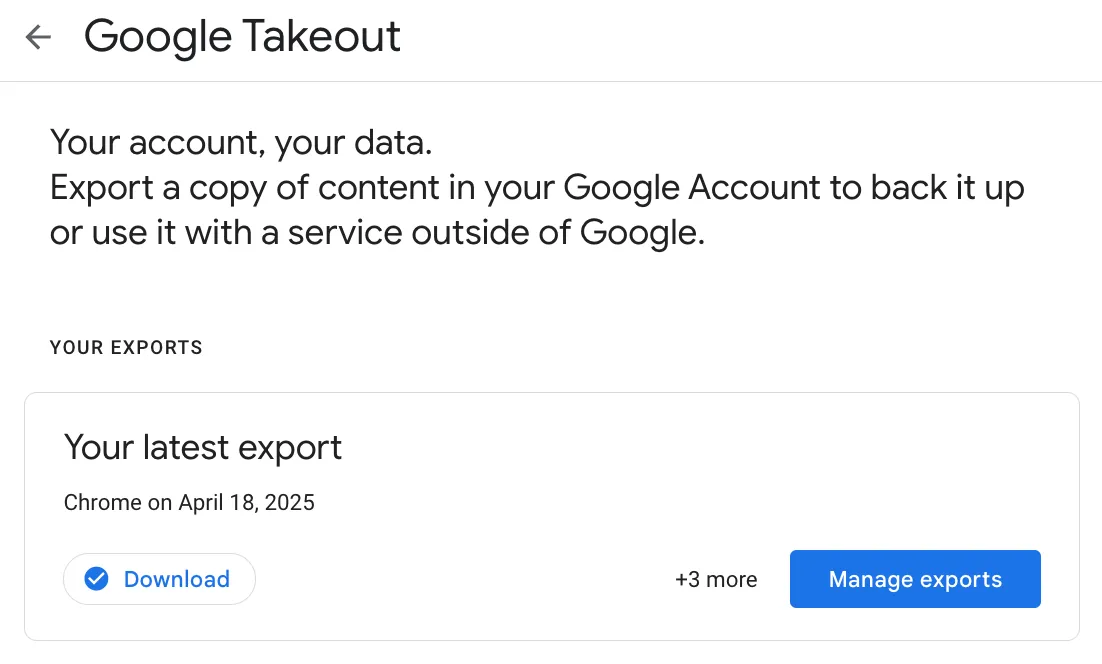 Giao diện Google Takeout thông báo đã chuẩn bị bản sao dữ liệu Chrome sẵn sàng để xuất