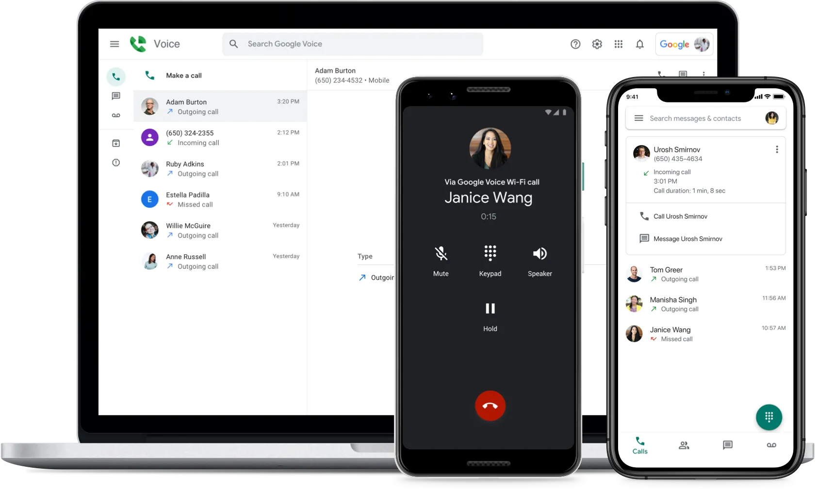 Giao diện Google Voice trên nhiều thiết bị hiển thị tính năng gọi điện và nhắn tin tiện lợi.