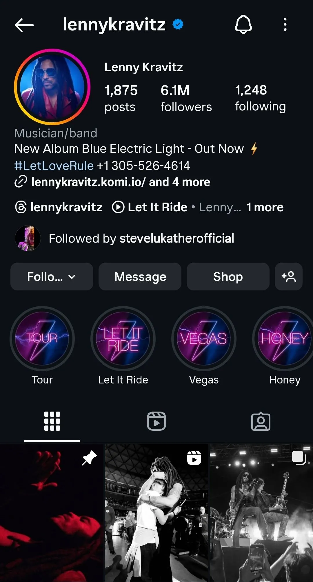 Giao diện hồ sơ Instagram của nghệ sĩ Lenny Kravitz, minh họa sự tương tác chân thực của nghệ sĩ thực với người hâm mộ.