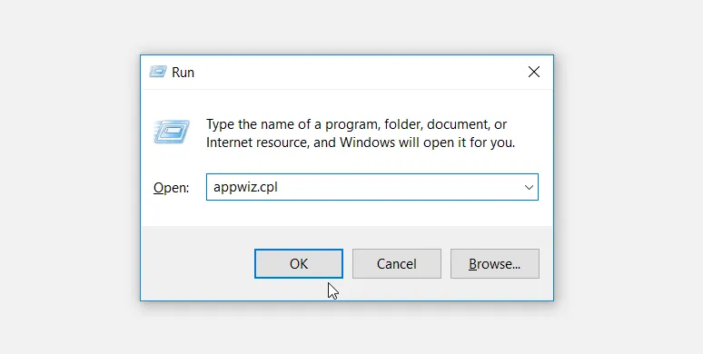 Giao diện hộp thoại Run command để mở Programs and Features trên Windows