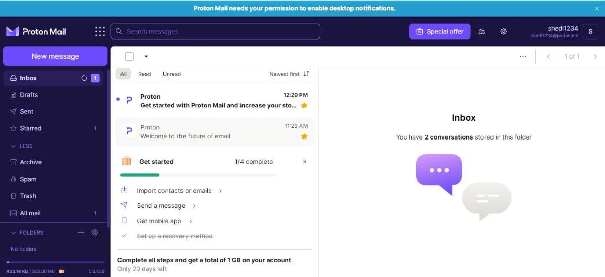 Giao diện hộp thư đến của Proton Mail trên máy tính, thể hiện thiết kế tinh tế và hiện đại