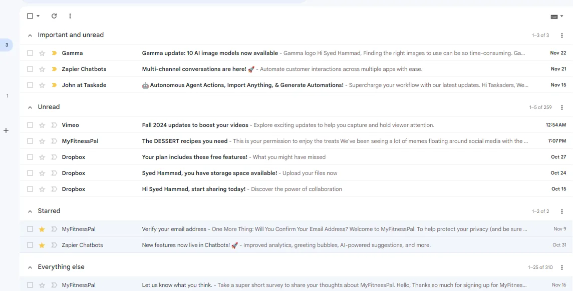Giao diện hộp thư đến ưu tiên của Gmail, minh họa khả năng phân loại email hiệu quả