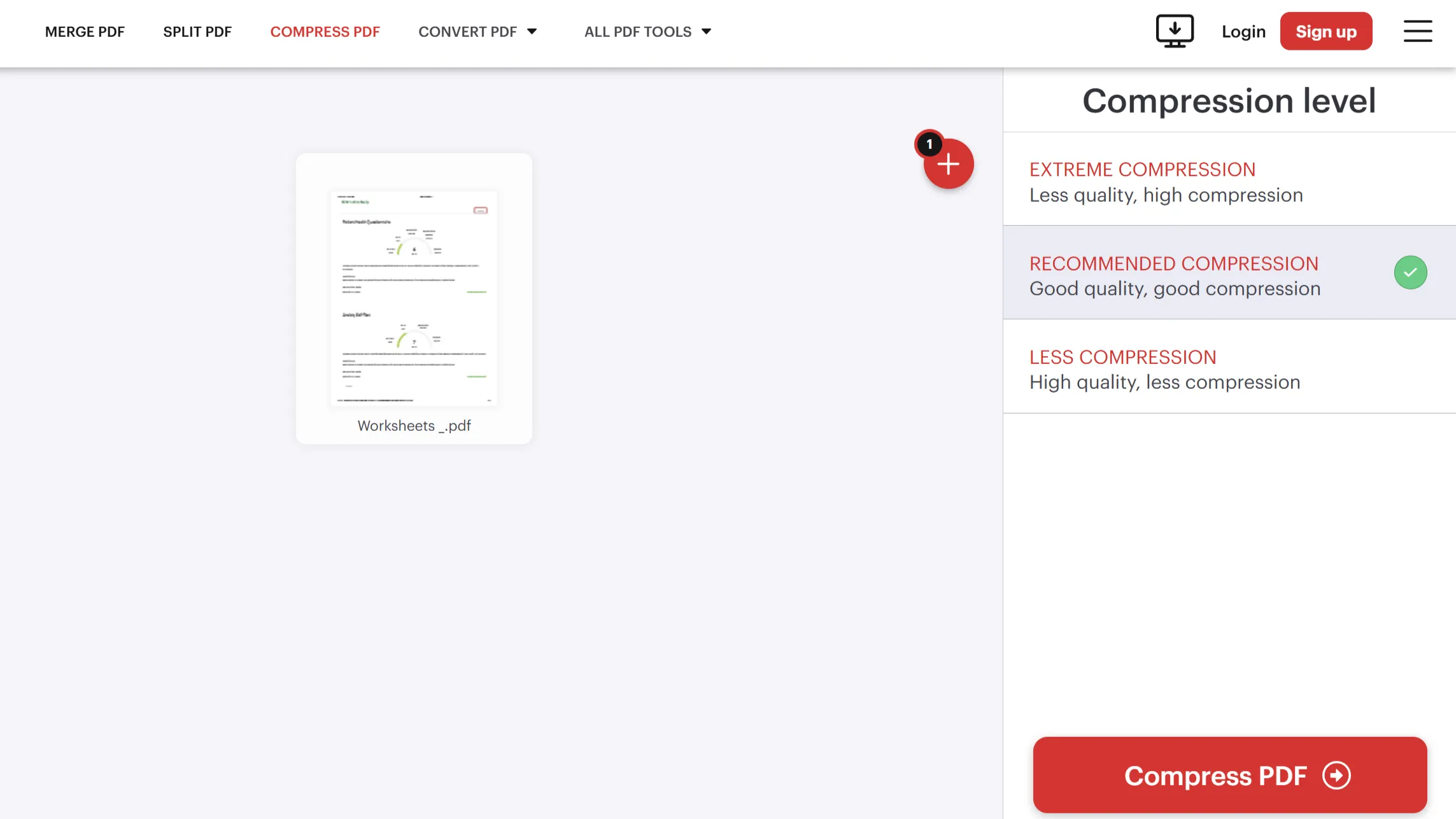 Giao diện iLovePDF hiển thị các tùy chọn mức độ nén PDF khác nhau như Extreme, Recommended, Less Compression