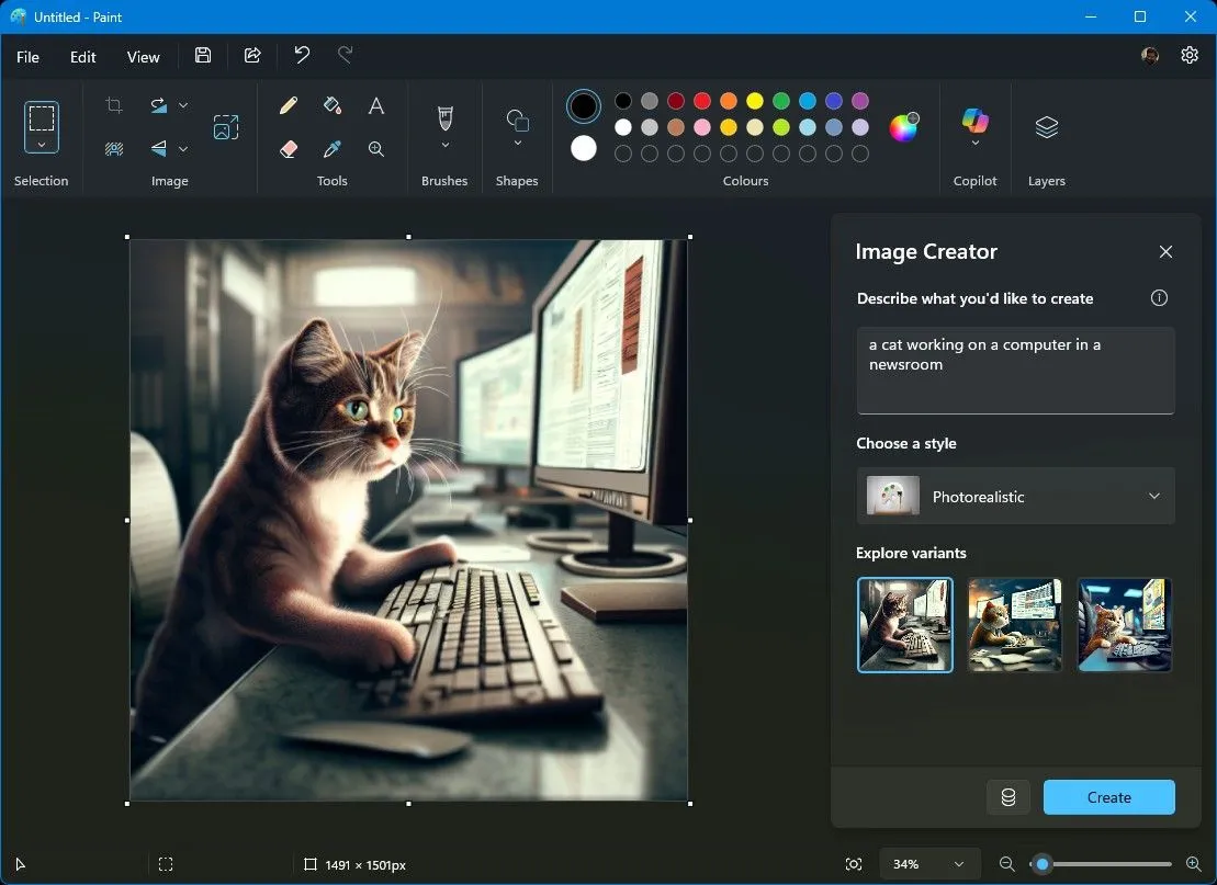 Giao diện Image Creator của Microsoft Paint hiển thị các lựa chọn tạo ảnh AI từ văn bản