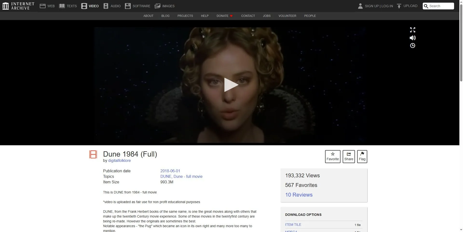 Giao diện Internet Archive khi xem phim &quot;Dune&quot; (1984), kho tàng phim cổ điển và tài liệu miễn phí
