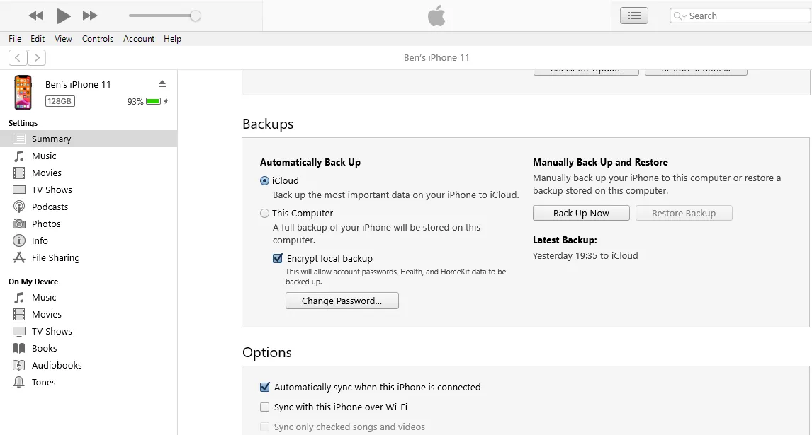 Giao diện iTunes trên Windows hiển thị tùy chọn sao lưu iPhone, bao gồm khả năng mã hóa bản sao lưu.