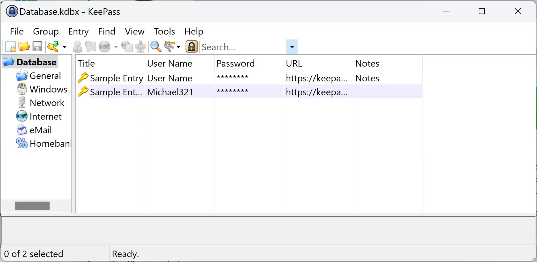 Giao diện KeePass hiển thị quá trình lưu trữ và quản lý mật khẩu trong cơ sở dữ liệu KDBX