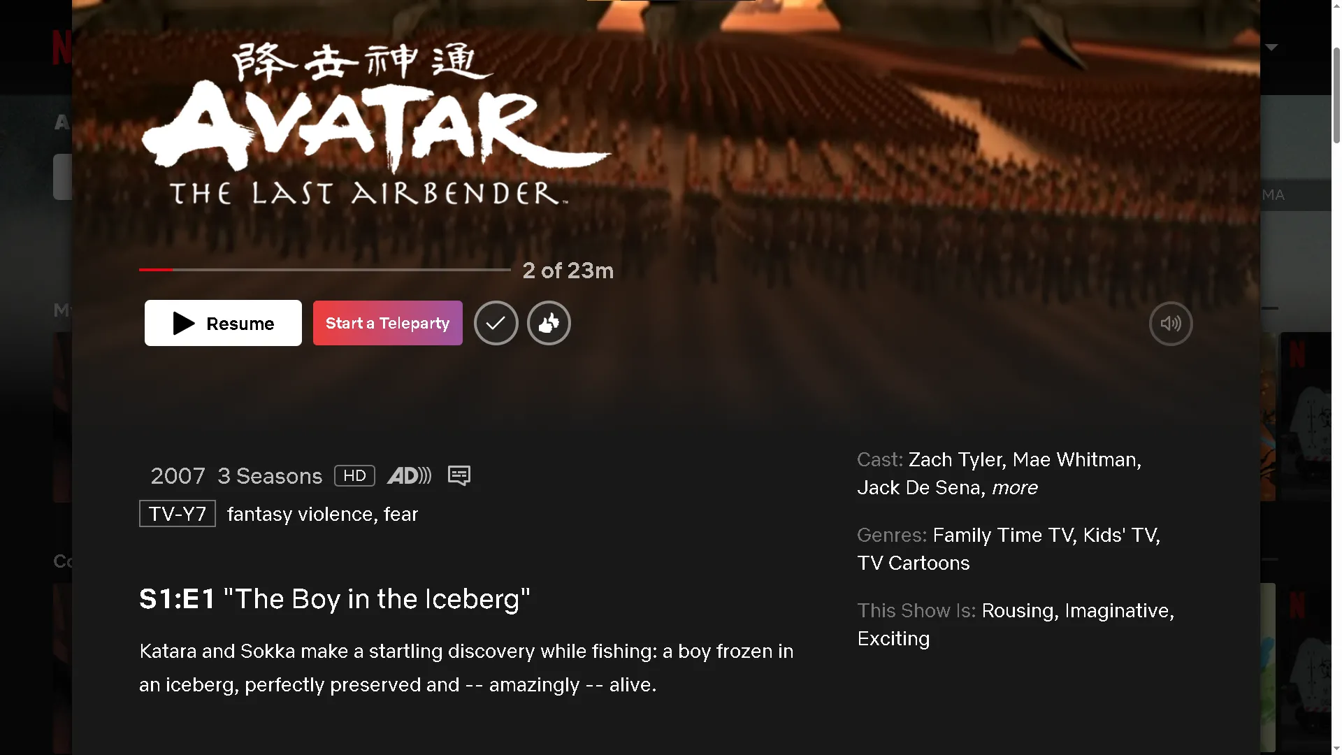 Giao diện khởi tạo watch party Teleparty trên Netflix với bộ phim Avatar: The Last Airbender
