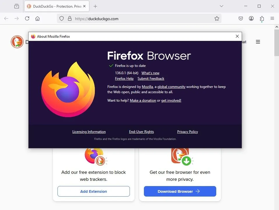 Giao diện kiểm tra và cập nhật trình duyệt Mozilla Firefox