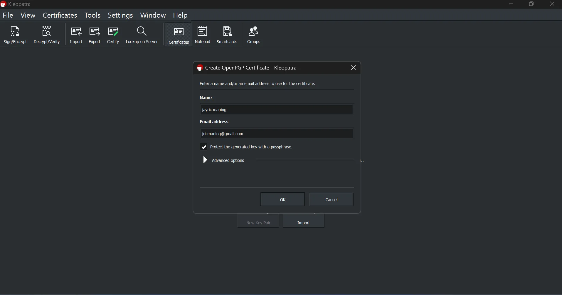 Giao diện Kleopatra hướng dẫn tạo cặp khóa PGP mới