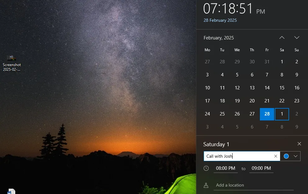 Giao diện lịch tích hợp trên thanh tác vụ Windows 10 cho phép người dùng thêm sự kiện trực tiếp.