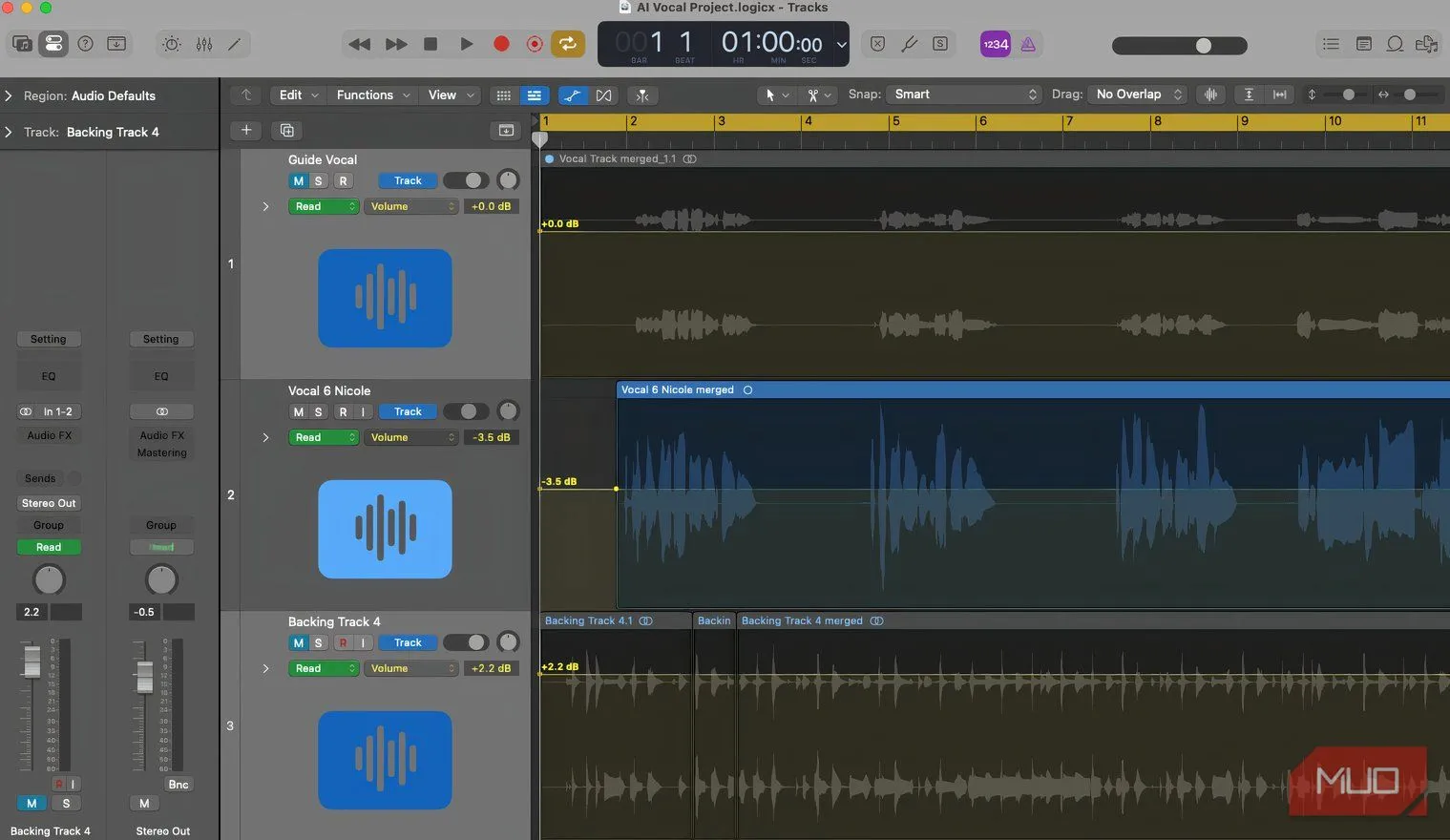 Giao diện Logic Pro 11 hiển thị trang sắp xếp âm thanh