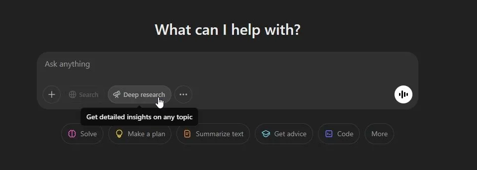 Giao diện lựa chọn chế độ Deep Research của ChatGPT trên nền tảng web