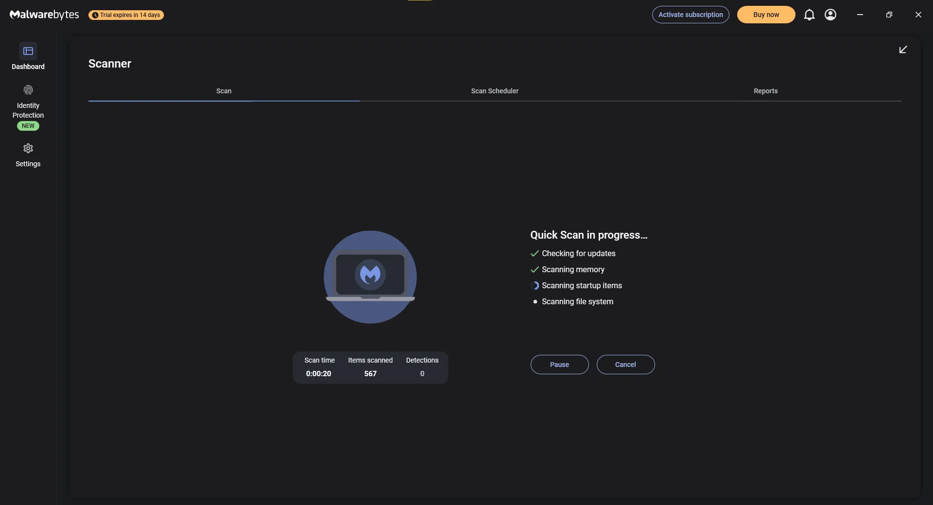 Giao diện Malwarebytes đang quét nhanh virus trên máy tính