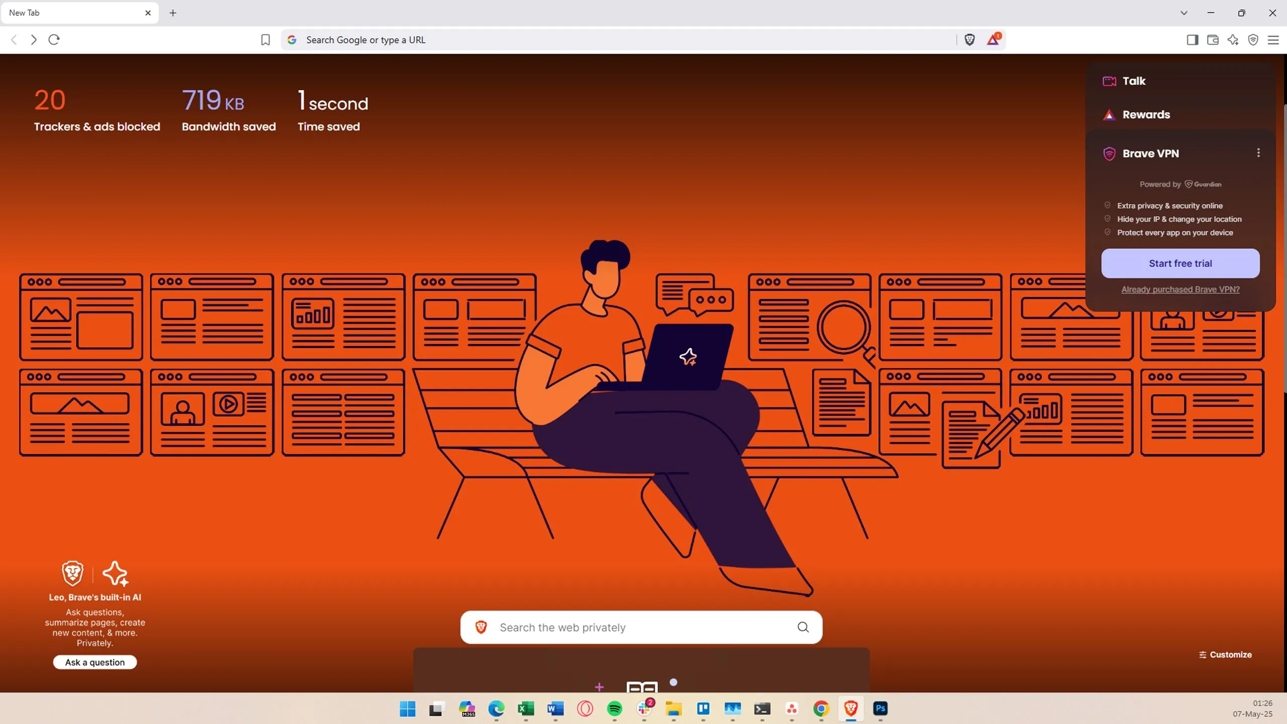 Giao diện màn hình chính của trình duyệt Brave Browser, nổi bật với khả năng chặn quảng cáo và bảo vệ quyền riêng tư.