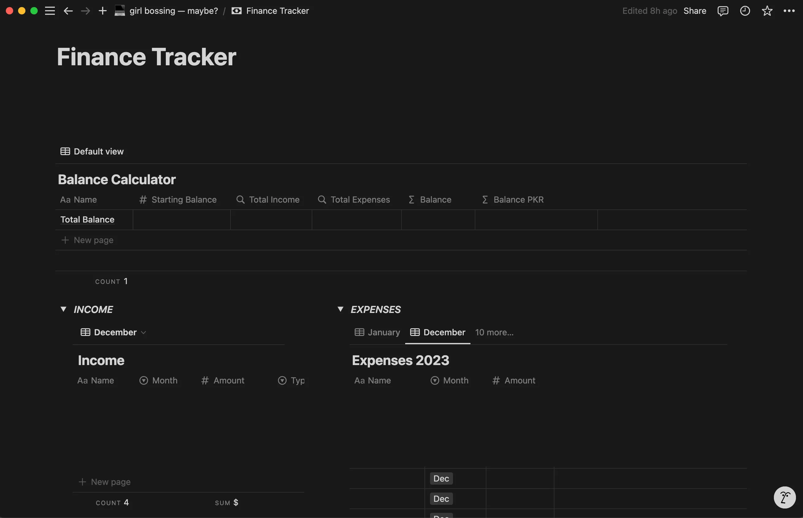 Giao diện mẫu bảng theo dõi tài chính trên Notion, hiển thị các mục cân đối, thu nhập và chi phí, giúp quản lý tiền bạc hiệu quả.
