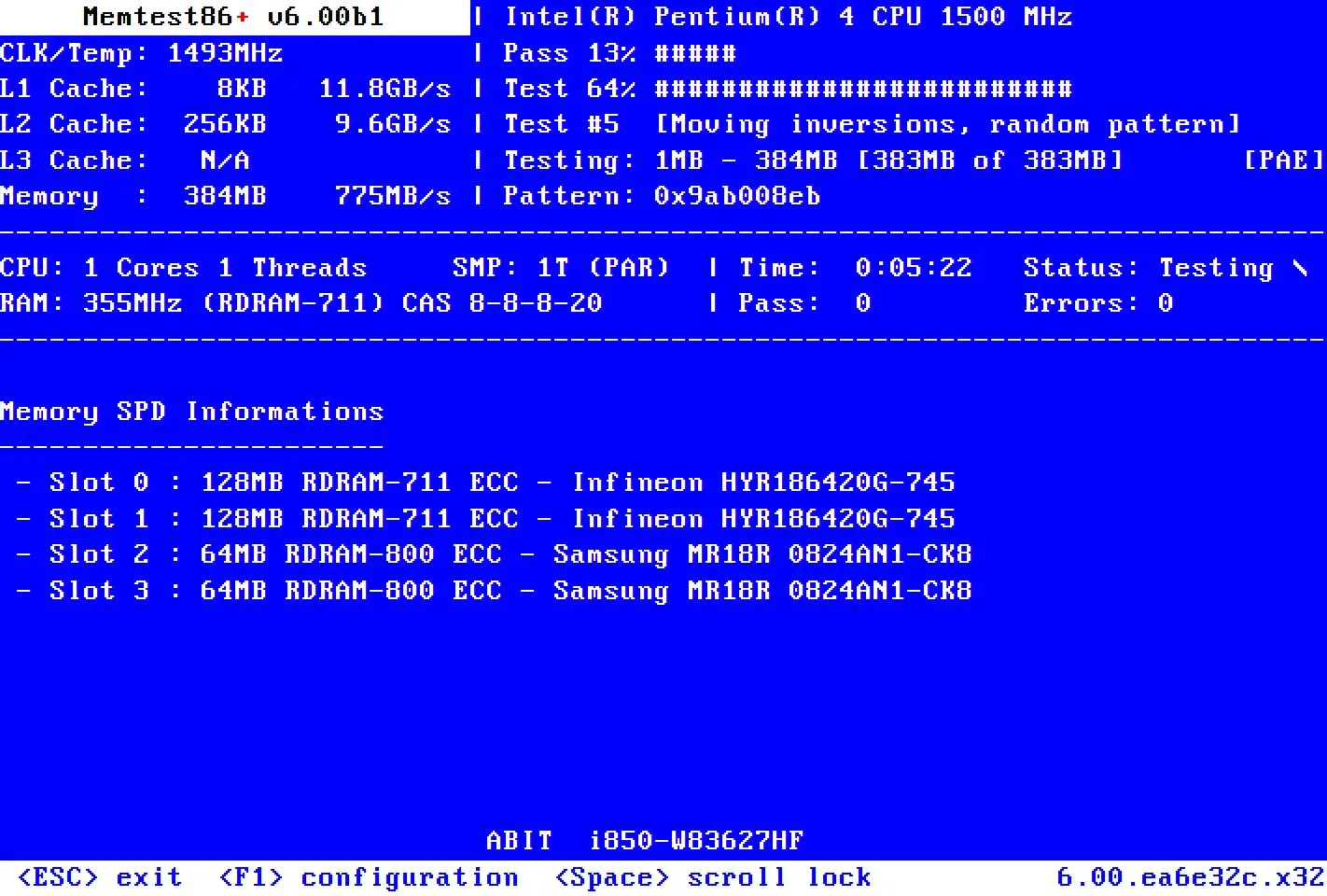 Giao diện MemTest86 đang kiểm tra bộ nhớ RAM