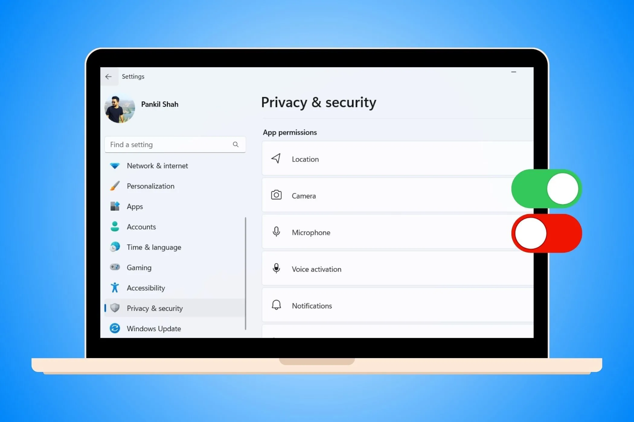 Giao diện menu quyền riêng tư và bảo mật trong ứng dụng Cài đặt của Windows, với các nút chuyển đổi màu xanh lá và đỏ biểu thị cài đặt bật/tắt.
