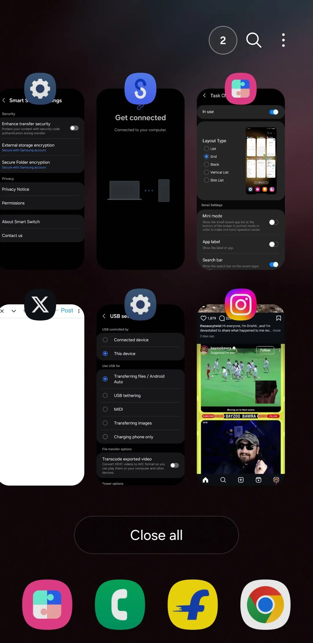 Giao diện menu ứng dụng gần đây dạng lưới trên điện thoại Samsung, được tùy chỉnh bằng Home Up