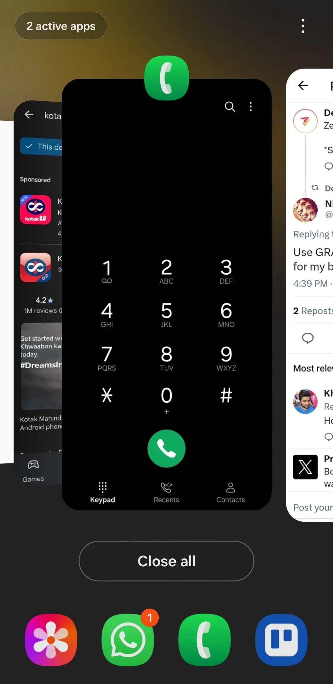 Giao diện menu ứng dụng gần đây trên điện thoại Android hiển thị tùy chọn ghim