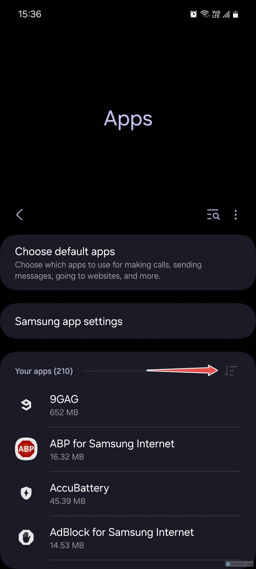 Giao diện menu Ứng dụng trong Cài đặt của Samsung One UI, hiển thị tùy chọn lọc và hiển thị ứng dụng hệ thống.