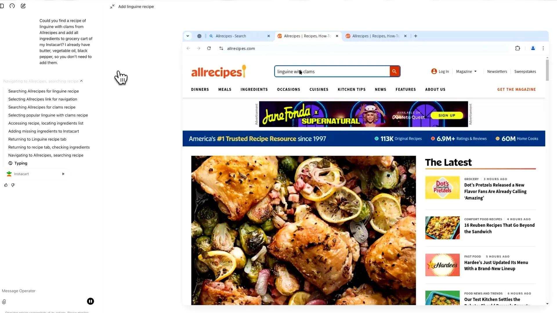 Giao diện minh họa OpenAI Operator đang thực hiện tác vụ tự động trên trình duyệt tích hợp.