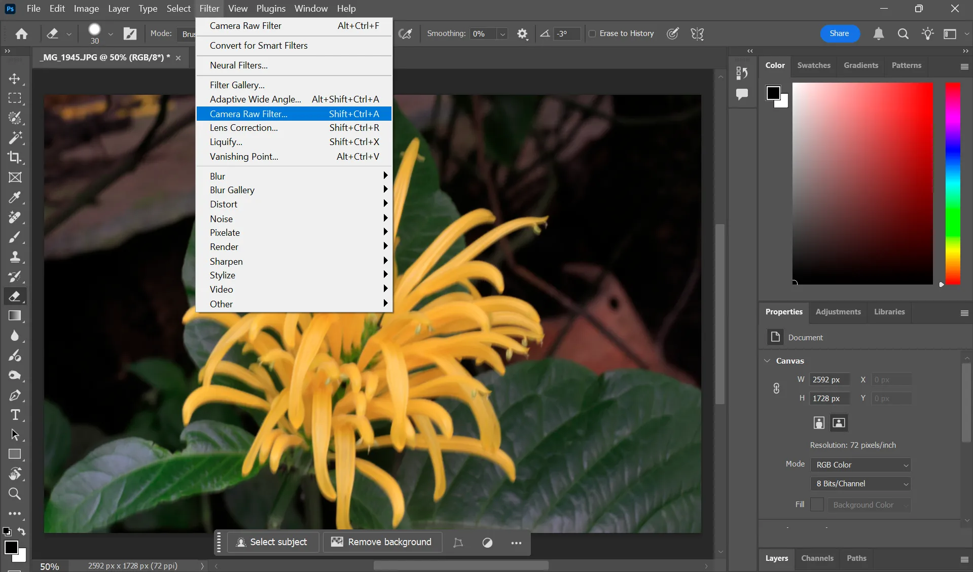 Giao diện mở Camera Raw Filter trong Photoshop để truy cập Lens Blur