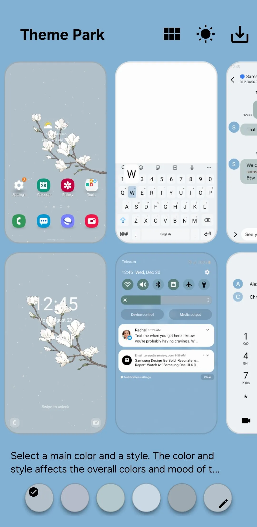Giao diện module Theme Park trên điện thoại Samsung Galaxy cho phép tạo chủ đề tùy chỉnh