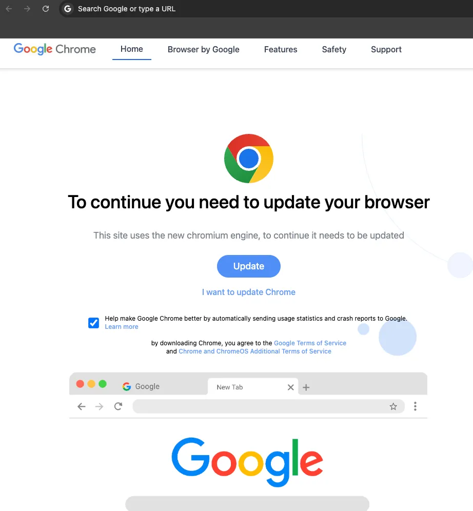 Giao diện một trang cập nhật Google Chrome giả mạo, điển hình trong chiến dịch lừa đảo phát tán malware qua website WordPress bị hack.