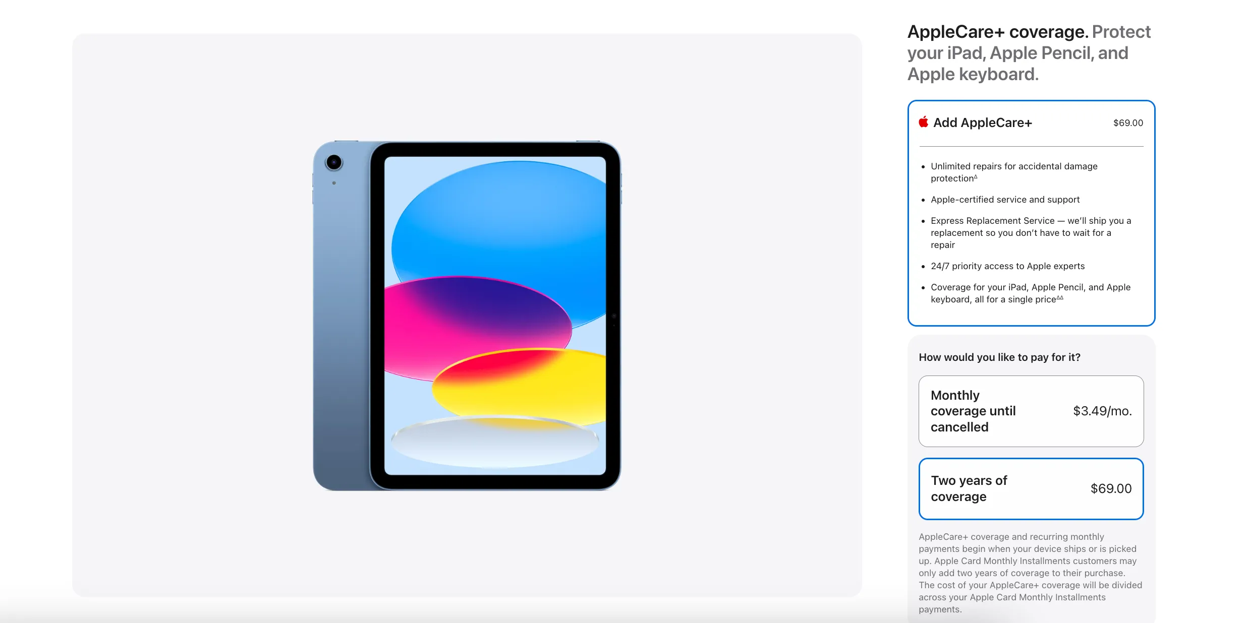 Giao diện mua iPad trên trang web Apple, hiển thị các tùy chọn bảo hiểm AppleCare+ trả trước và thuê bao tháng