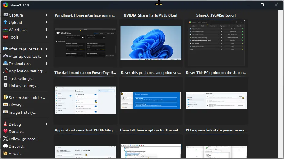 Giao diện người dùng của ShareX trên Windows 11, hiển thị các tùy chọn chụp và chỉnh sửa màn hình