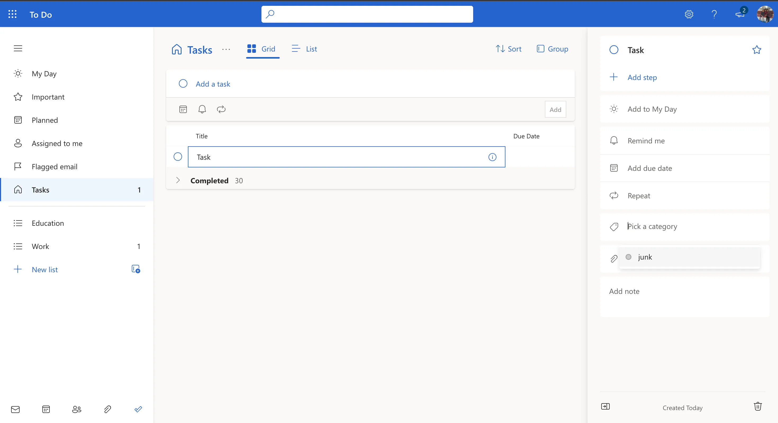 Giao diện người dùng Microsoft To Do với nhiều tab chức năng