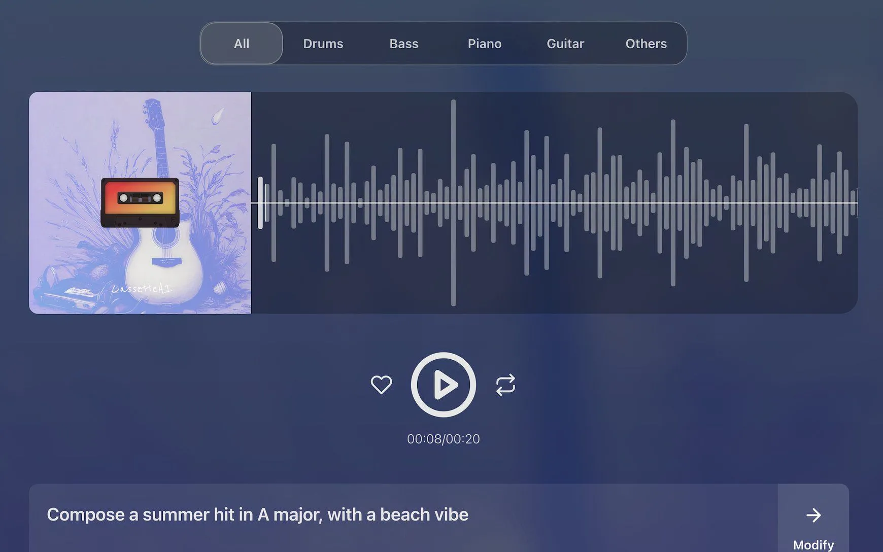 Giao diện người dùng thân thiện của CassetteAI, một nền tảng tạo nhạc bằng AI giúp sáng tác nhanh chóng.