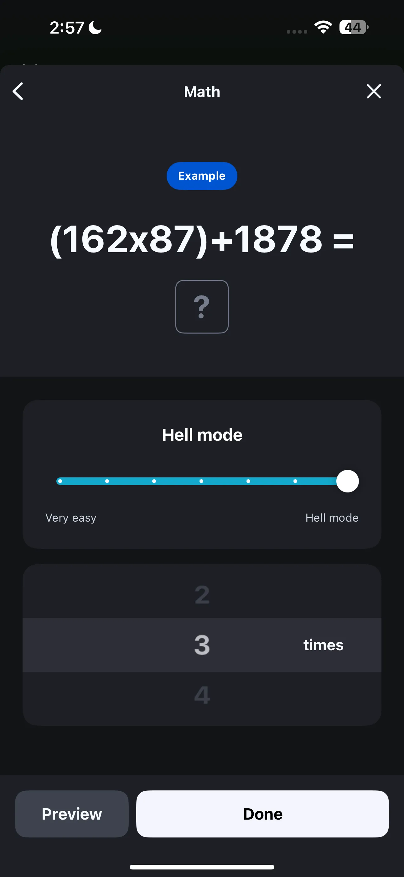 Giao diện nhiệm vụ giải toán "Hell Mode" của ứng dụng báo thức Alarmy trên iPhone