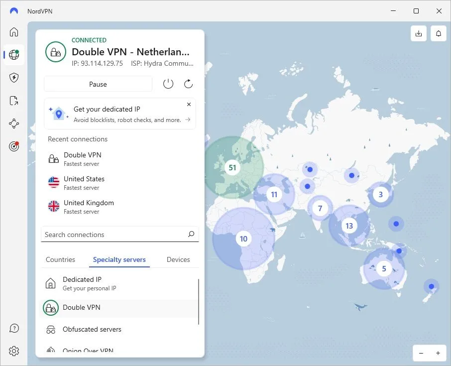 Giao diện NordVPN với tính năng Double VPN được kích hoạt, minh họa khả năng mã hóa và định tuyến lại kết nối internet để tăng cường quyền riêng tư.