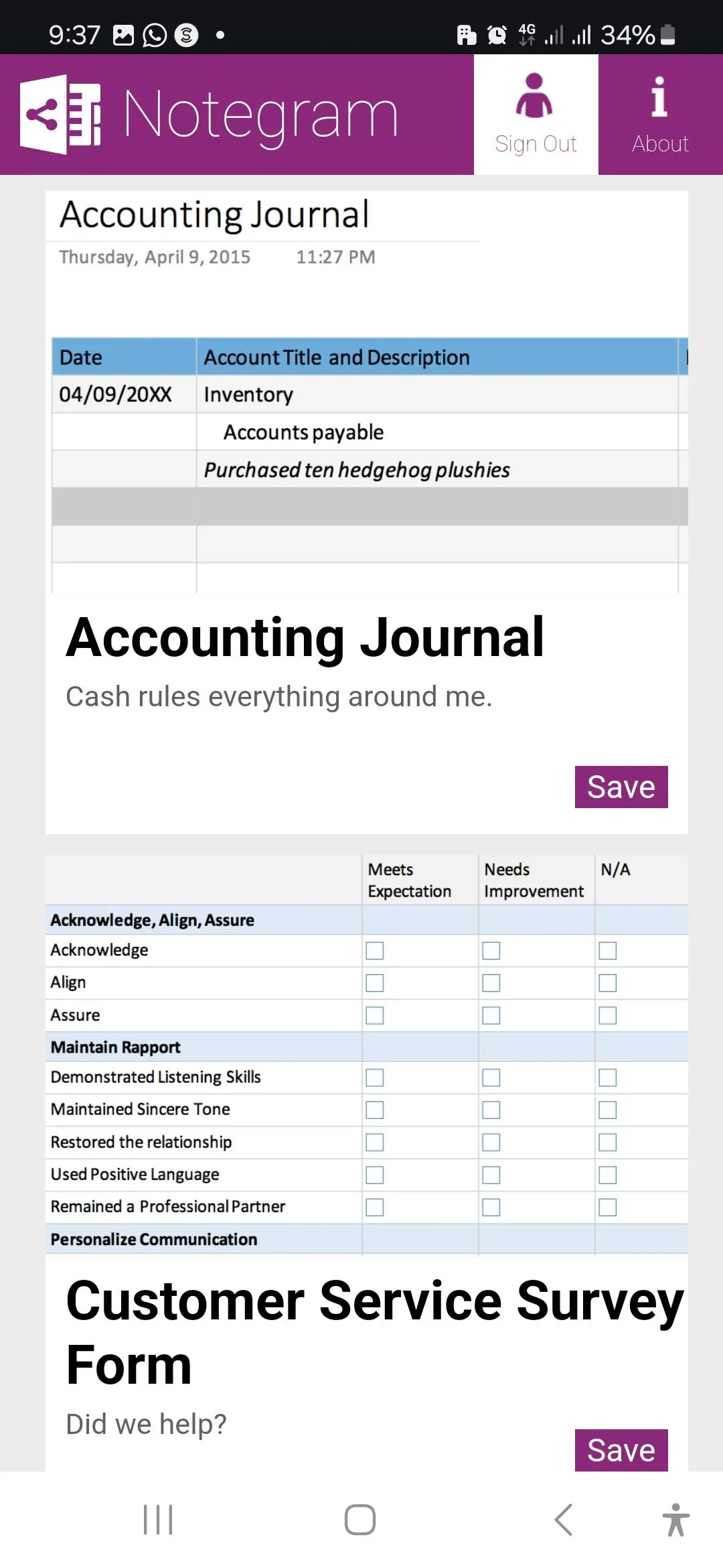 Giao diện Notegram hiển thị các mẫu OneNote lịch tháng, kế hoạch hàng ngày và biểu mẫu dịch vụ khách hàng.