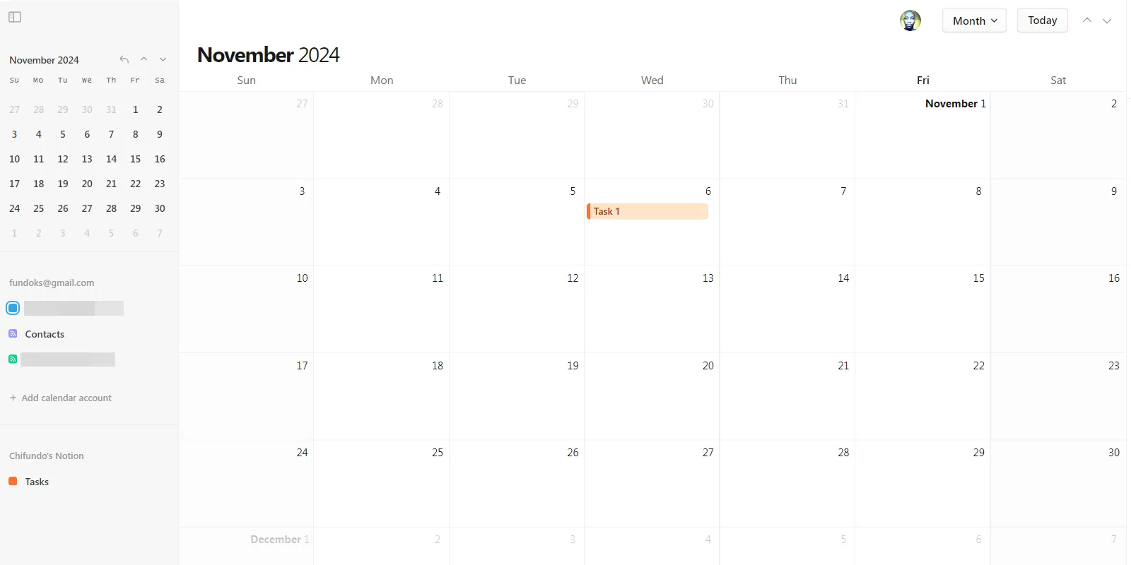 Giao diện Notion Calendar hiển thị các nhiệm vụ và sự kiện theo lịch, đồng bộ từ cơ sở dữ liệu Notion.
