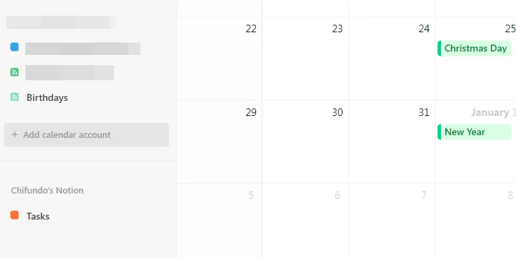 Giao diện Notion Calendar với tùy chọn &quot;Add calendar account&quot; ở sidebar trái, hướng dẫn thêm tài khoản lịch.