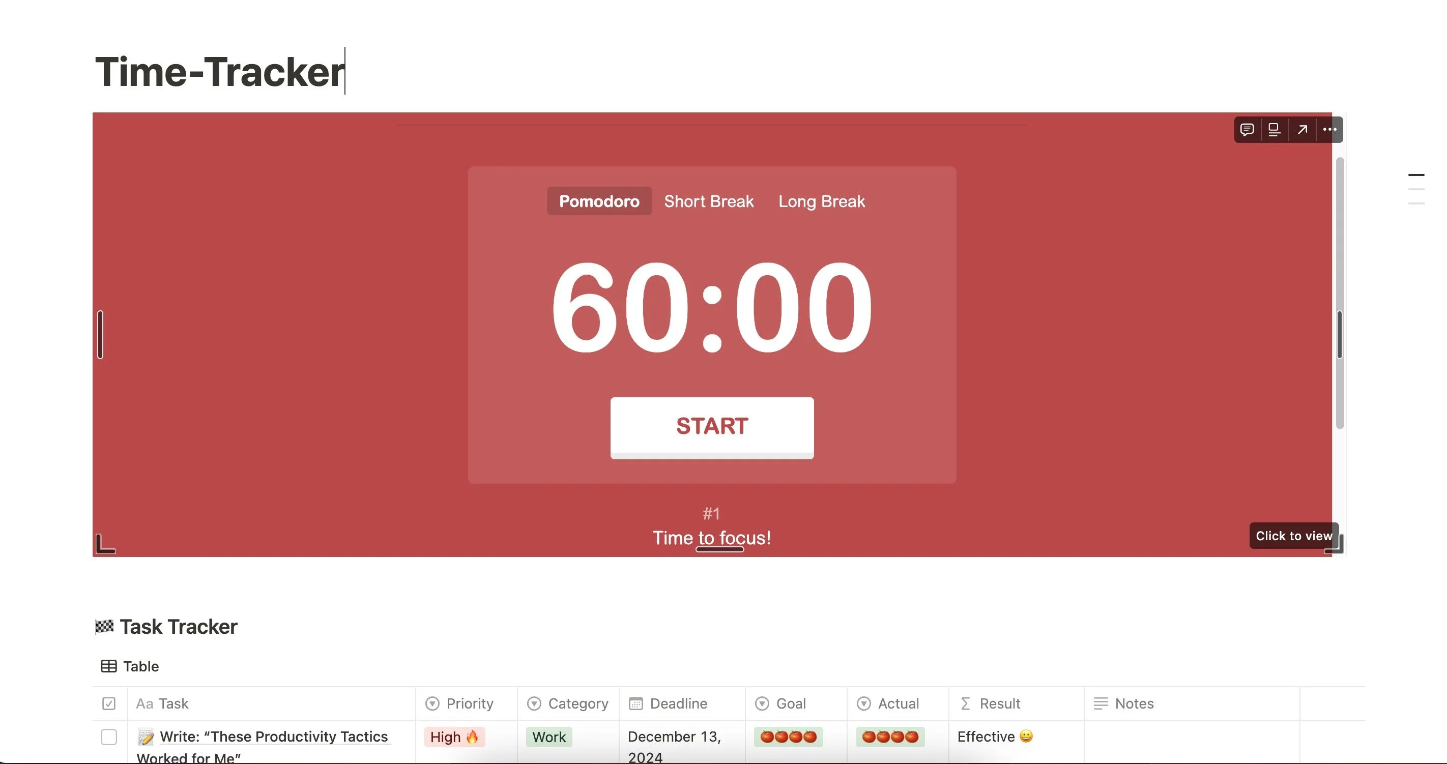 Giao diện Notion với bộ đếm Pomodoro cài đặt 60 phút, minh họa phương pháp làm việc hiệu quả