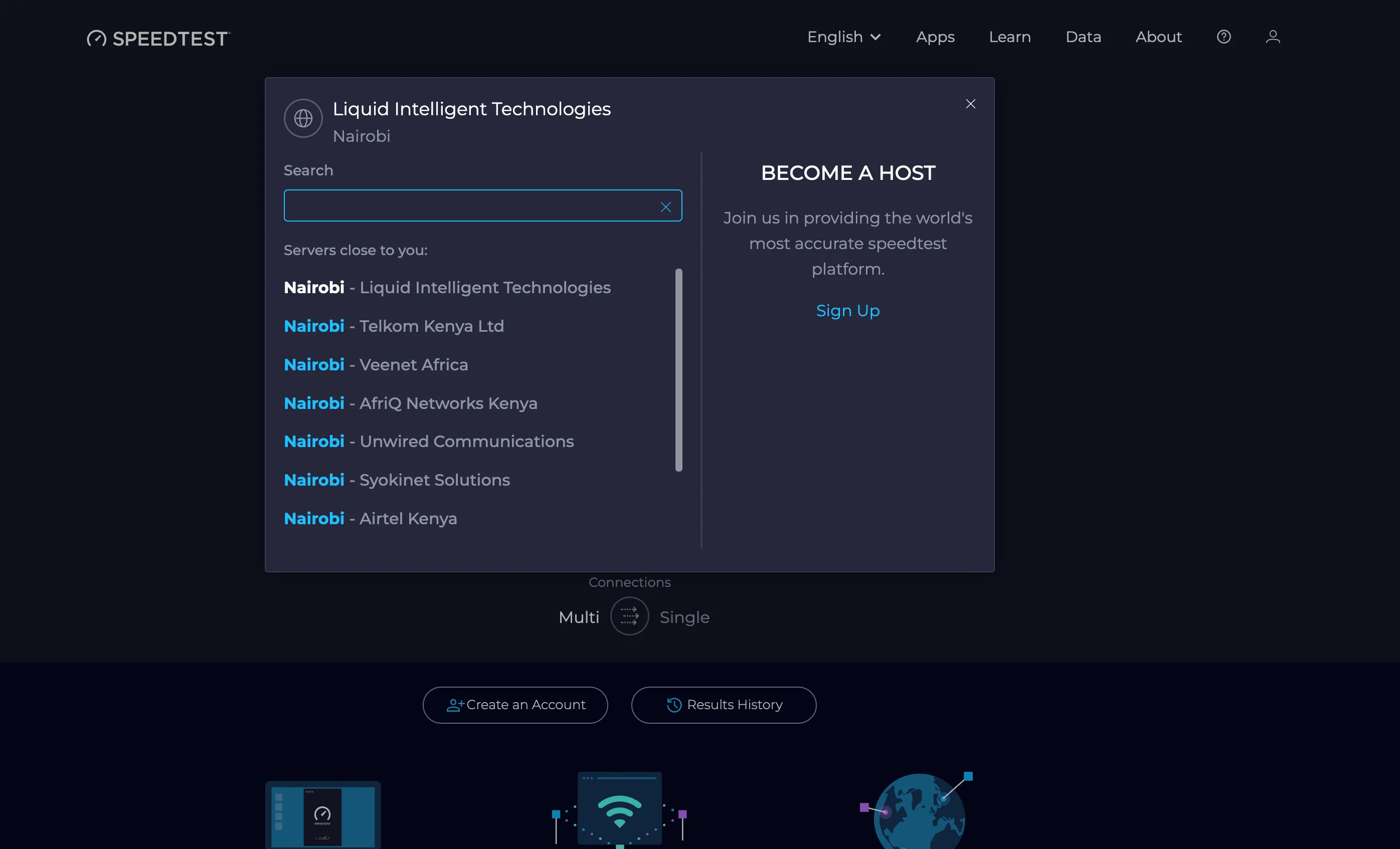 Giao diện Ookla Speedtest hiển thị tùy chọn chọn máy chủ kiểm tra, minh họa tầm quan trọng của việc chọn vị trí máy chủ gần để có kết quả chính xác khi đo tốc độ mạng.