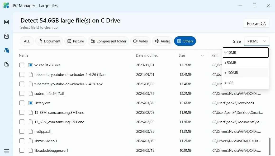 Giao diện PC Manager hiển thị danh sách các tệp tin dung lượng lớn trên Windows