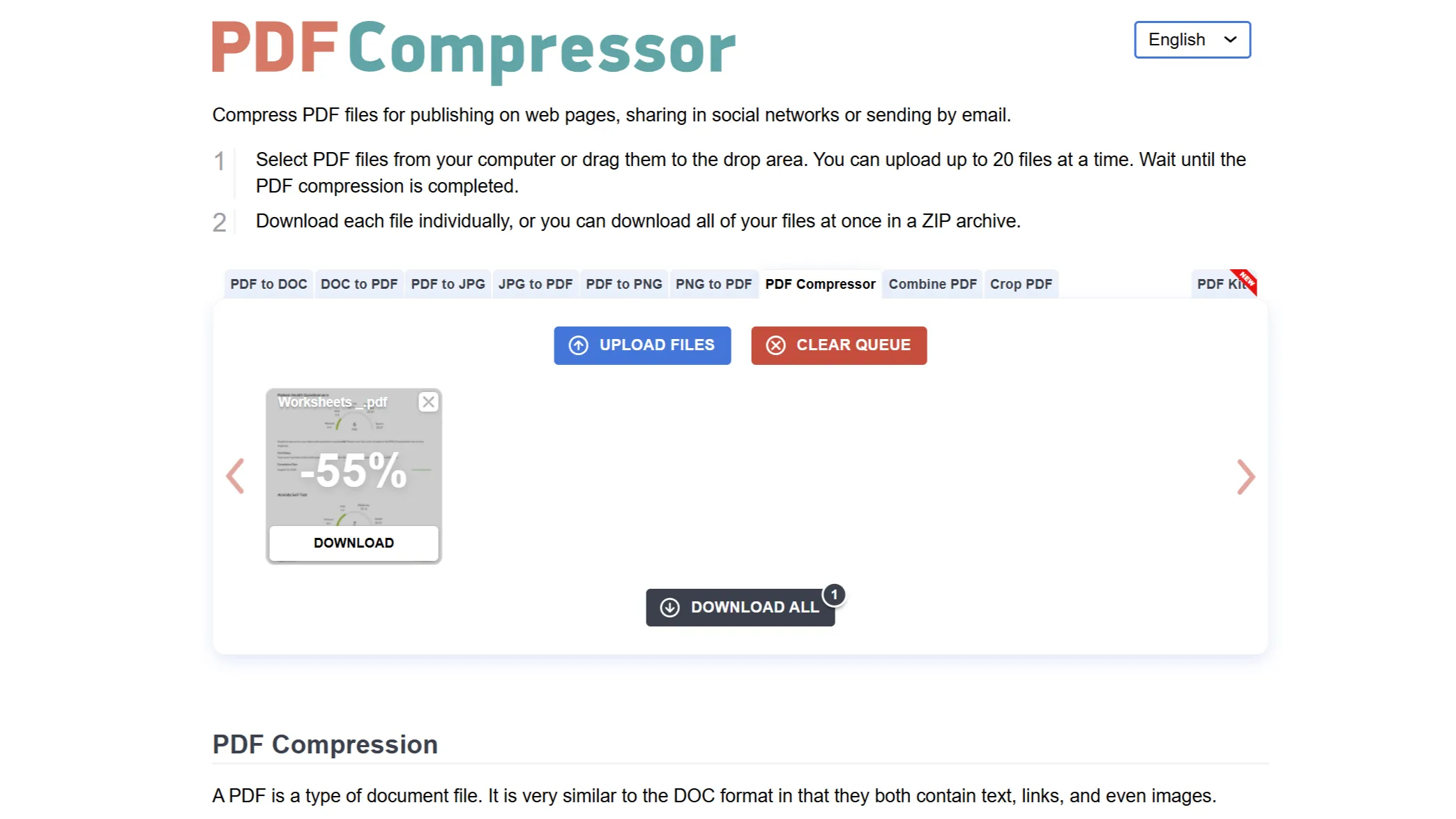 Giao diện PDF Compressor hiển thị danh sách file PDF đã nén cùng với phần trăm giảm dung lượng
