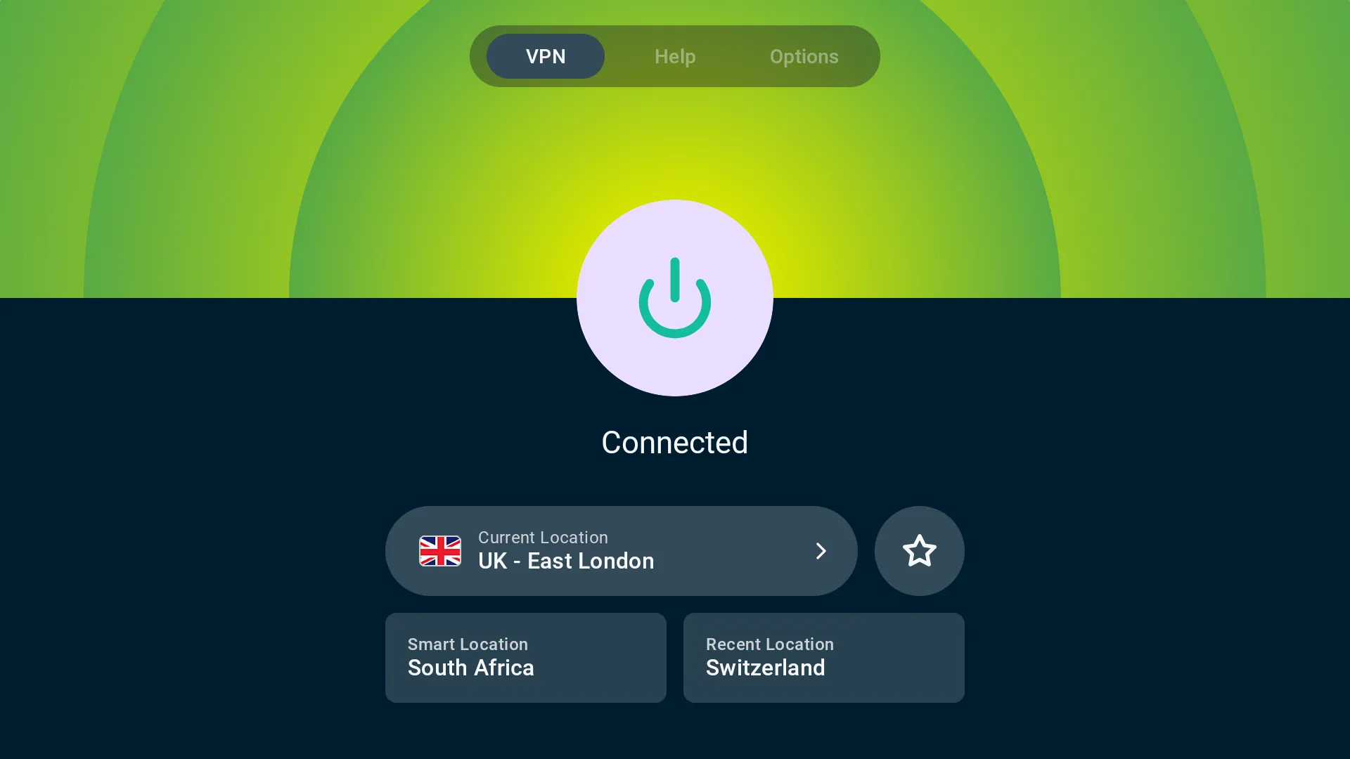 Giao diện phần mềm ExpressVPN được kết nối an toàn trên màn hình TV, minh họa việc bảo mật khi sử dụng Wi-Fi công cộng.
