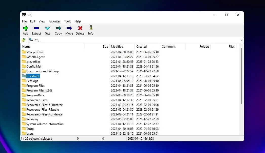 Giao diện phần mềm nén và giải nén 7-Zip, hỗ trợ nhiều định dạng file và tối ưu hóa không gian lưu trữ