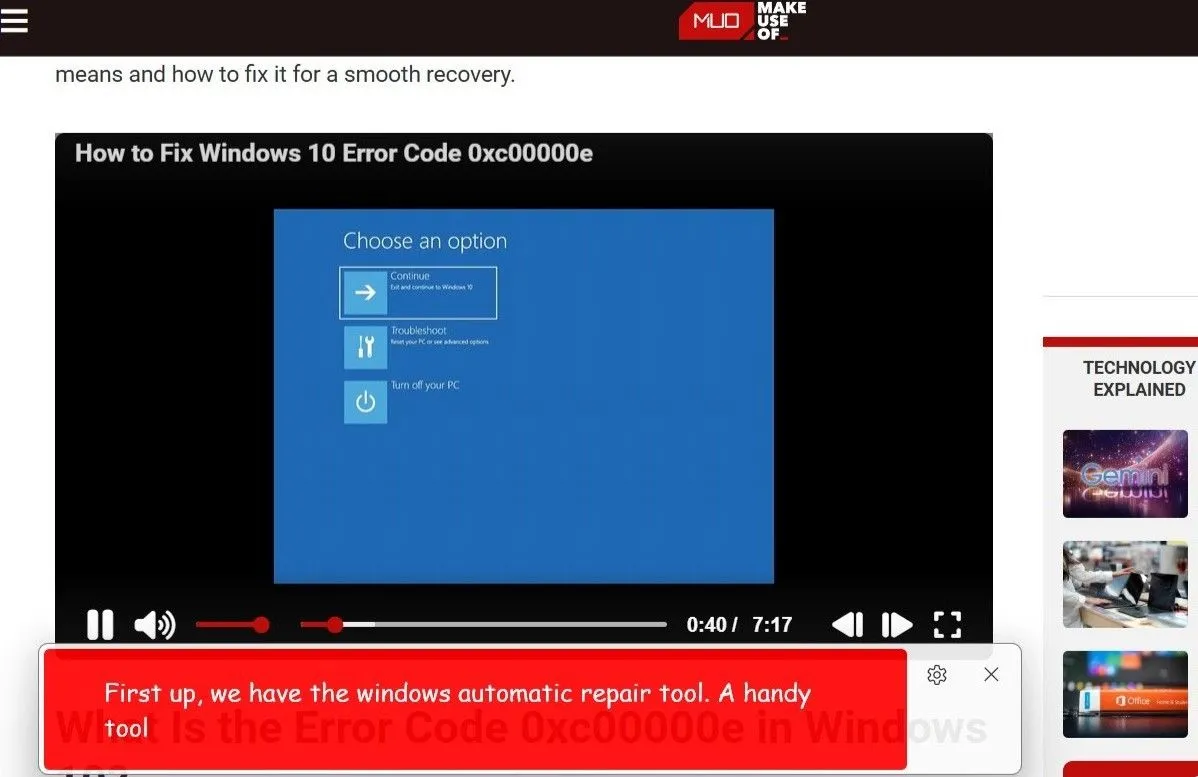 Giao diện phụ đề trực tiếp (Live Captions) đang hiển thị trên một video trong Windows 11, với văn bản phụ đề xuất hiện ở đầu màn hình.