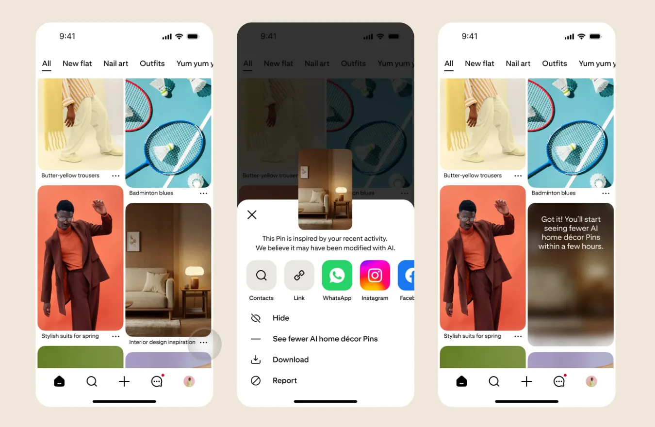 Giao diện Pinterest cho phép người dùng tùy chỉnh để xem ít ghim AI hơn, minh họa tính năng chống nội dung AI.